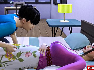 Stiefzoon neukt de Koreaanse stepmom Aziatische stiefmoeder deelt hetzelfde bed met haar stiefzoon in de hotelkamer