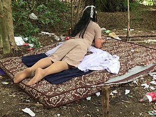 Thai ladyboy teacher unattended open-air